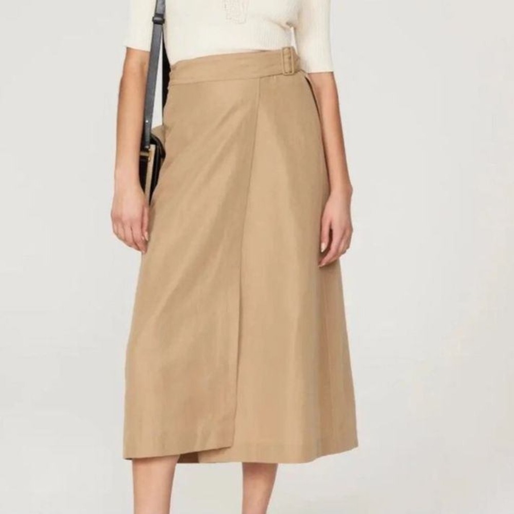 Vince Wrap Midi Skirt Women 14 Tan Linen Blend Belted V966930853 Minimalist